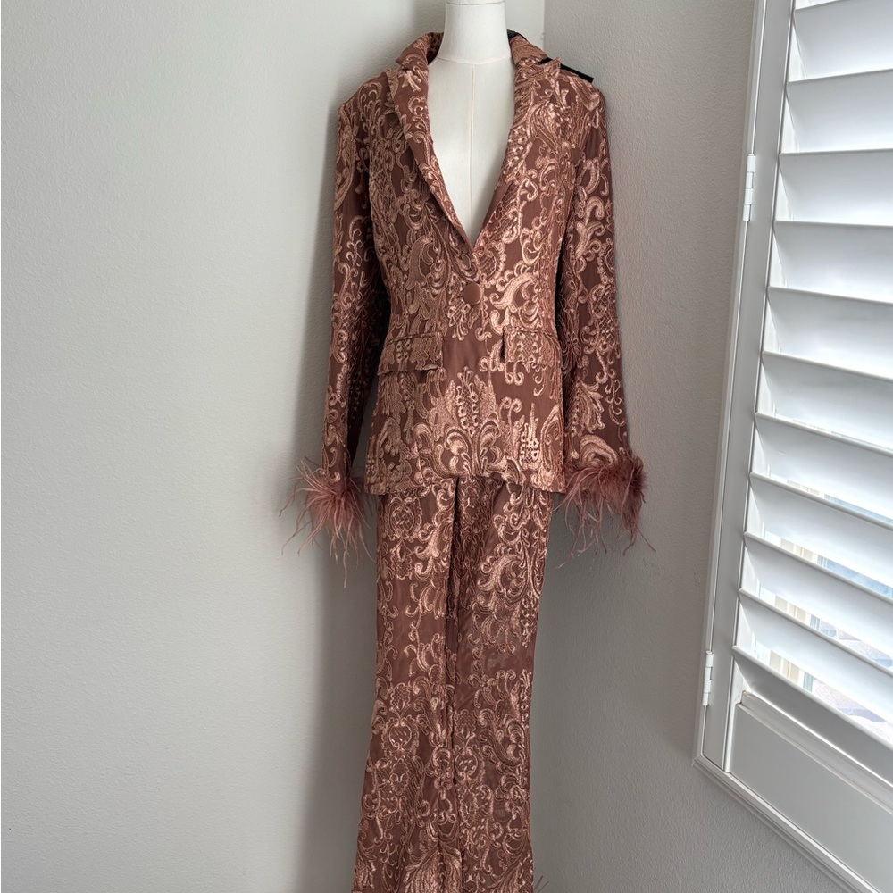 Fashion Nova Brown Embroidered Suit